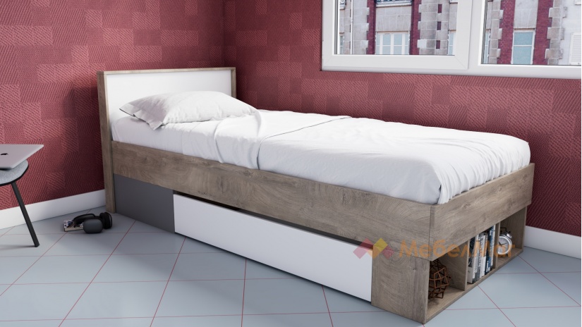Легло с чекмеджета 90/200 Мито с включен матрак Бонел 90/200 дъб суров с бяло и кобалтово сиво - изглед 1