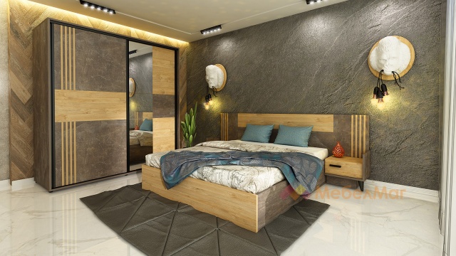 Спален комплект Фюжън с включен матрак Бонел 160/200 тъмен бетон със златен дъб - МебелМаг Спален комплект Фюжън с включен матрак Бонел 160/200 тъмен бетон със златен дъб