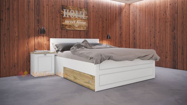 Спалня с нощни шкафчета 160/200 Ландскейп с включен матрак Бонел 160/200 бяло гладко с бяло фладер и дъб дакота