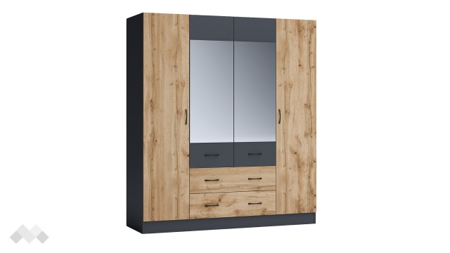 Гардероб Галати четирикрилни дъб вотан светъл с антрацит - МебелМаг Гардероб Галати четирикрилни дъб вотан светъл с антрацит