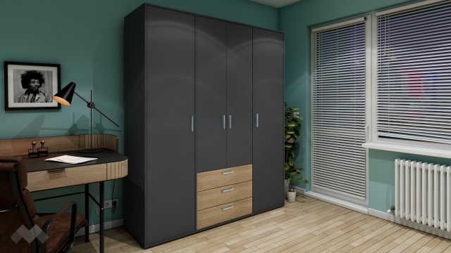 Гардероб Жизел четирикрилни антрацит с дъб сонома