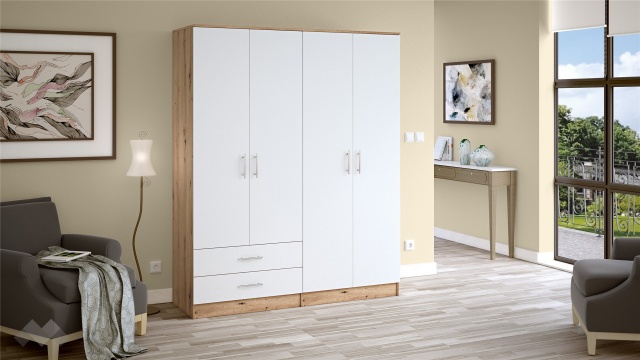 Гардероб Леонард четирикрилни артизан с бяло - МебелМаг Гардероб Леонард четирикрилни артизан с бяло