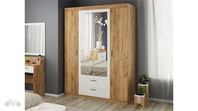 Гардероб Моник четирикрилни златен дъб с бяло - МебелМаг Гардероб Моник четирикрилни златен дъб с бяло