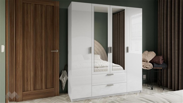 Гардероб Шайн четирикрилни бял гланц с бяло