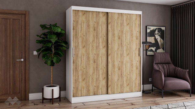 Гардероб Карлос с плъзгащи врати бял със златен дъб