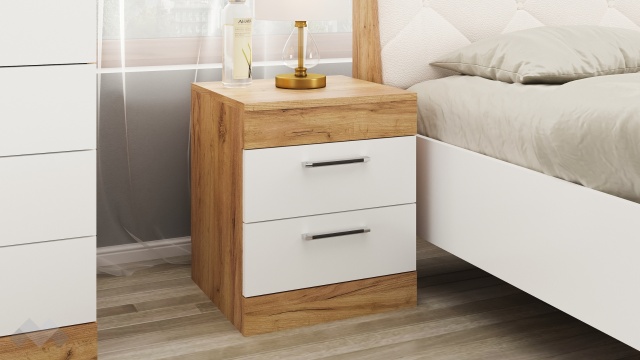 Нощен шкаф Моник златен дъб с бяло - МебелМаг Нощен шкаф Моник златен дъб с бяло