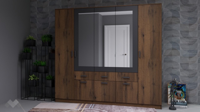 Гардероб Прайд петкрилни дъб вотан с черно шагре - МебелМаг Гардероб Прайд петкрилни дъб вотан с черно шагре