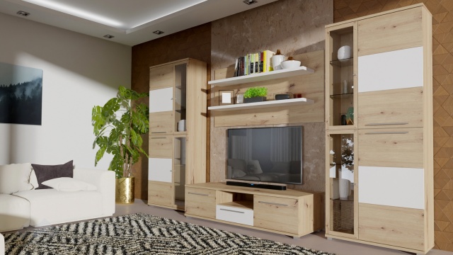 Секция Алистър с витрина дъб артисан с бяло - МебелМаг Секция Алистър с витрина дъб артисан с бяло