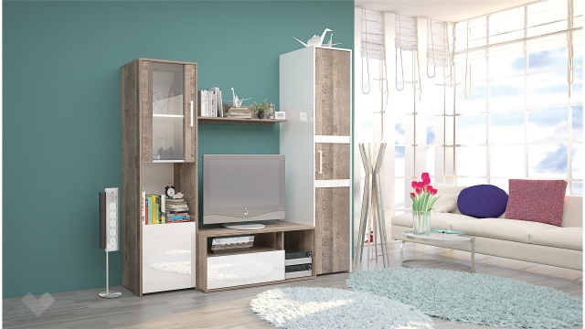 Секция Дерек с гардероб колониален дъб с бял гланц - МебелМаг Секция Дерек с гардероб колониален дъб с бял гланц