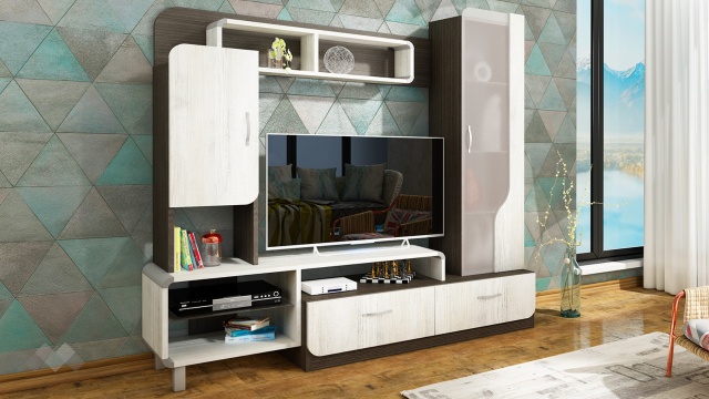 Секция Каризма с витрина босфор с античен дъб - МебелМаг Секция Каризма с витрина босфор с античен дъб