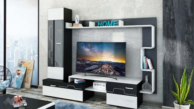 Секция Крафт с витрина черно шагре с дъб крафт бял - МебелМаг Секция Крафт с витрина черно шагре с дъб крафт бял