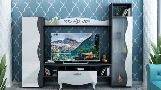 Секция Лукс с витрина черно и бяло гланц - МебелМаг Секция Лукс с витрина черно и бяло гланц