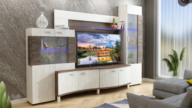 Секция Плей с LED осветление дъб крафт бял с винтидж - МебелМаг Секция Плей с LED осветление дъб крафт бял с винтидж