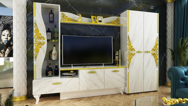 Секция Роксана с витрина бял гланц с мрамор - МебелМаг Секция Роксана с витрина бял гланц с мрамор