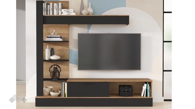 Секция Селина с открити рафтове вотан с черно - МебелМаг Секция Селина с открити рафтове вотан с черно