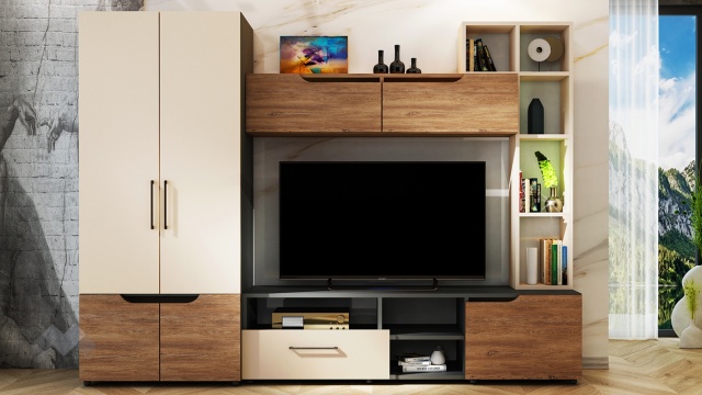 Секция Сенс с гардероб графит с кашмир и денвър - МебелМаг Секция Сенс с гардероб графит с кашмир и денвър