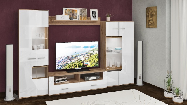 Секция Шери с LED осветление бяло гланц хайглос с дъб дакота - МебелМаг Секция Шери с LED осветление бяло гланц хайглос с дъб дакота