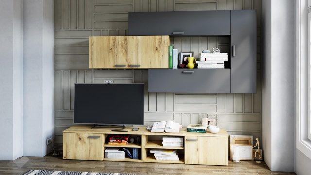 Секция Синтес модулни светъл вотан с антрацит - МебелМаг Секция Синтес модулни светъл вотан с антрацит