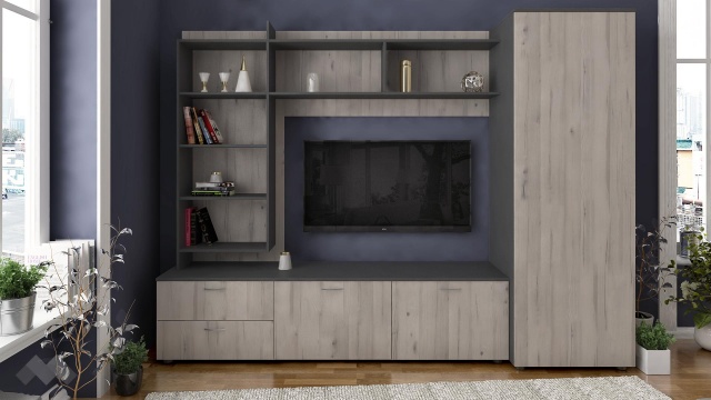 Секция Стела с гардероб северен дъб с антрацит - МебелМаг Секция Стела с гардероб северен дъб с антрацит