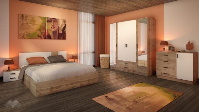 Спален комплект Анастасия с включен матрак Бонел 160/200 дъб дакота с бяло гладко - МебелМаг Спален комплект Анастасия с включен матрак Бонел 160/200 дъб дакота с бяло гладко