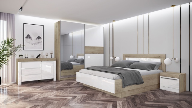 Спален комплект Ариа с включен матрак Бонел 160/200 сонома арвен с бяло гланц - МебелМаг Спален комплект Ариа с включен матрак Бонел 160/200 сонома арвен с бяло гланц