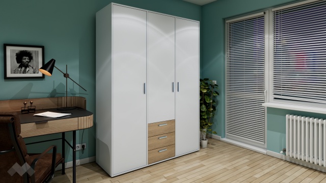 Гардероб Жизел трикрилни бяло гладко с дъб сонома - МебелМаг Гардероб Жизел трикрилни бяло гладко с дъб сонома