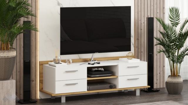 ТВ шкаф Модика с открити рафтове златен дъб с бяло - МебелМаг ТВ шкаф Модика с открити рафтове златен дъб с бяло