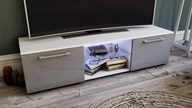 ТВ шкаф Муун бяло със сив гланц - МебелМаг ТВ шкаф Муун бяло със сив гланц