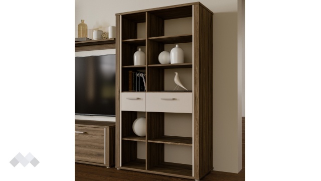 Висок шкаф с две чекмеджета Дейлос с открити рафтове дъб валенсия с крем - МебелМаг Висок шкаф с две чекмеджета Дейлос с открити рафтове дъб валенсия с крем