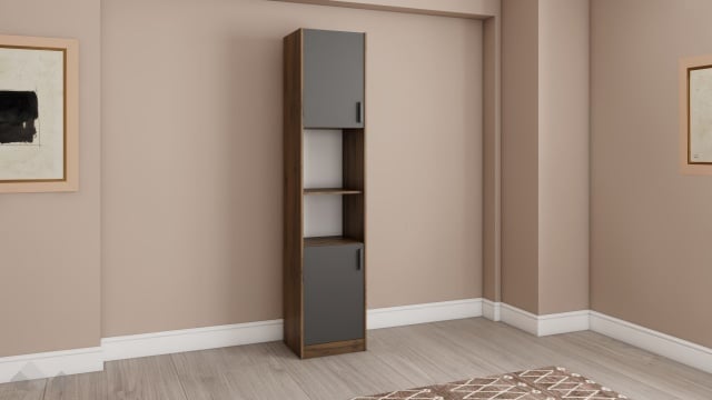 Висок шкаф с две врати Хироу с открити рафтове дъб вотан с черно шагре - МебелМаг Висок шкаф с две врати Хироу с открити рафтове дъб вотан с черно шагре