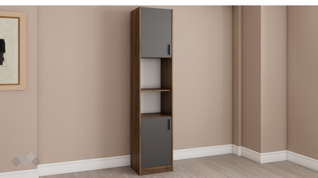 Висок шкаф с две врати Хироу с открити рафтове дъб вотан с черно шагре