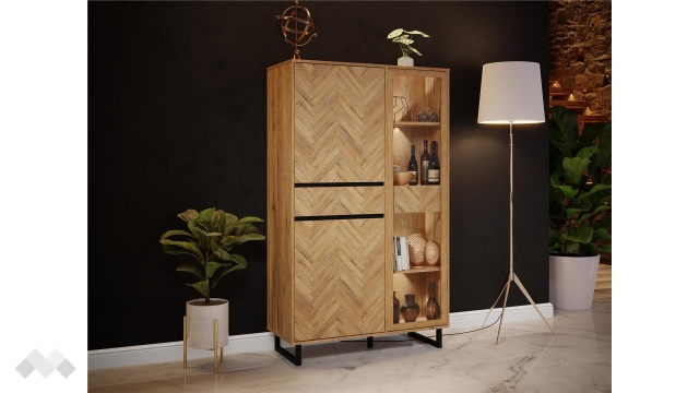 Висок шкаф с витрина Никодис с витрина дъб натурал с черен мат и житен дъб - МебелМаг Висок шкаф с витрина Никодис с витрина дъб натурал с черен мат и житен дъб