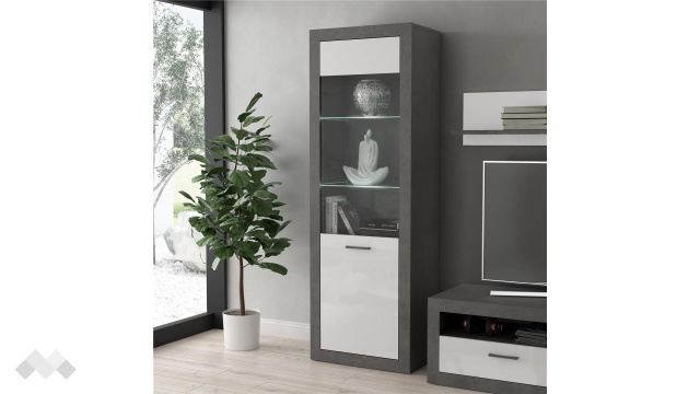 Висок шкаф Требия с витрина сиво с бял гланц - МебелМаг Висок шкаф Требия с витрина сиво с бял гланц