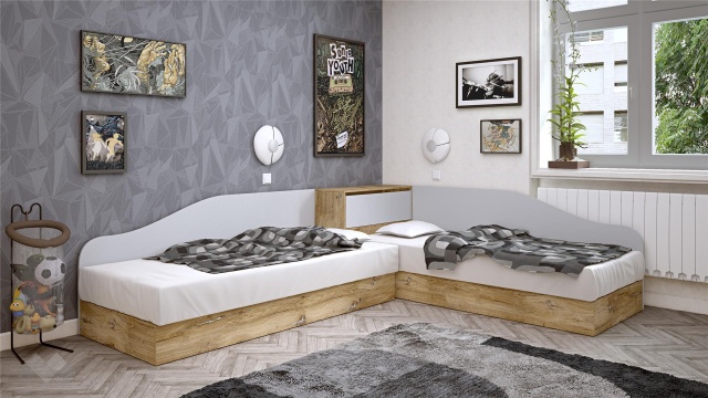 Ъглови легла 82/190 Селтик с включени матраци Бонел 82/190 келтски дъб със светло сиво