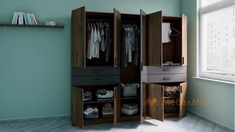 Гардероб Рос петкрилни дъб вотан с черно шагре - изглед 2 - МебелМаг Гардероб Рос петкрилни дъб вотан с черно шагре - изглед 2