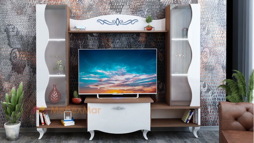 Секция Шик с LED осветление тиково дърво с бяло гланц - изглед 1