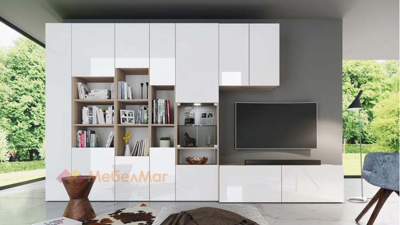Секция Маверик с LED осветление сонома арвен с бяло гланц - изглед 1