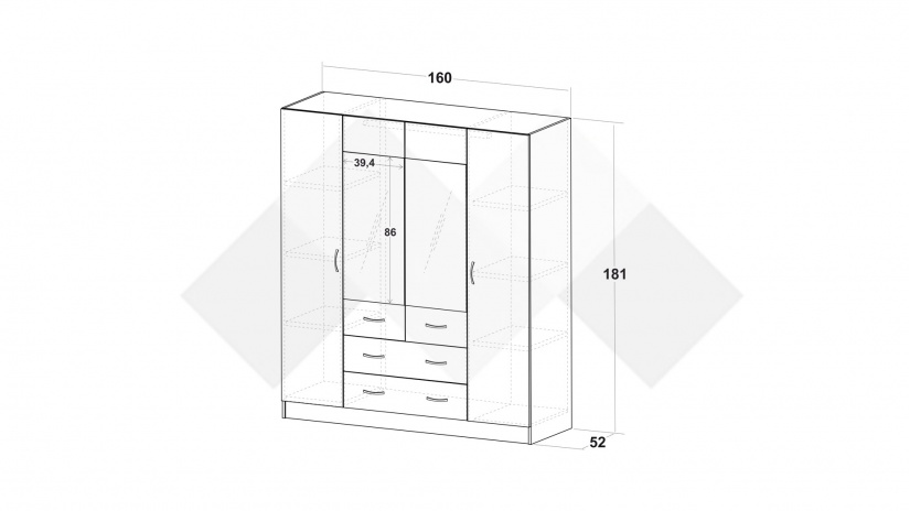 Гардероб Галати четирикрилни дъб вотан светъл с антрацит - изглед 3