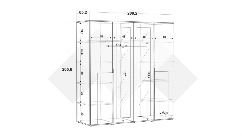 Гардероб Бафра четирикрилни дъб артисан с тъмен норвежки бор - изглед 5