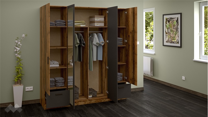 Гардероб Лориен четирикрилни олд стайл с графит - изглед 2 - МебелМаг Гардероб Лориен четирикрилни олд стайл с графит - изглед 2