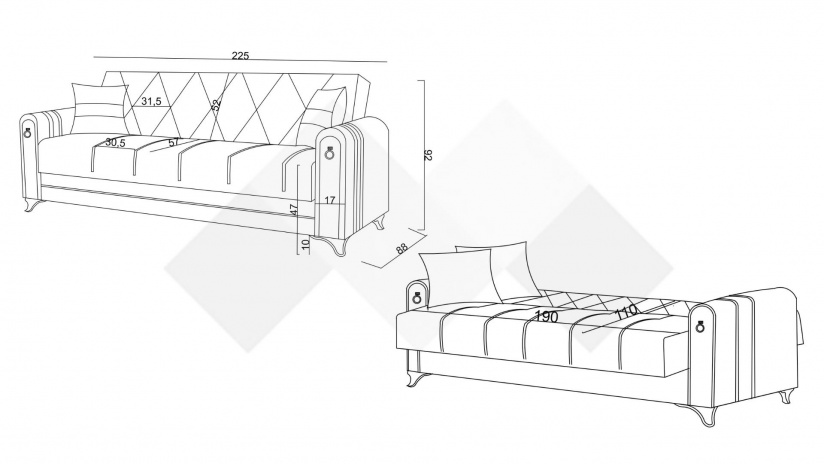 Диван Клара триместни бордо - изглед 4