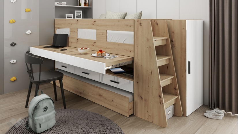 Двуетажно легло Франк с включени матраци Бонел 90/200 дъб артисан с бял гланц - изглед 3