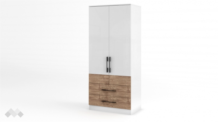 Гардероб Калифорния двукрилни бял с бял гланц и антик - изглед 1