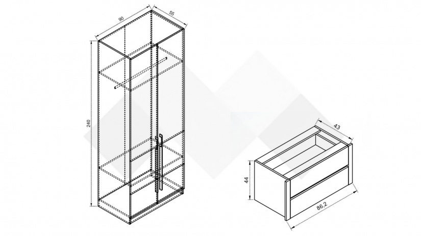 Гардероб с две чекмеджета Комо двукрилни дъб ърбан ойстър с бяло - изглед 2 - МебелМаг Гардероб с две чекмеджета Комо двукрилни дъб ърбан ойстър с бяло - изглед 2
