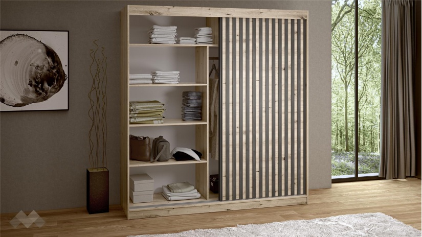 Гардероб Верона с плъзгащи врати дъб артисан с тъмен норвежки бор - изглед 2