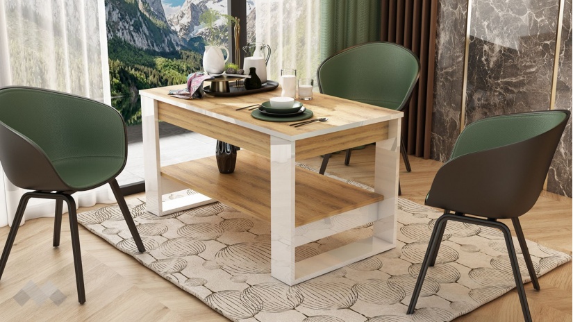 Холна маса Денвър разтегателни дъб евок с бял гланц - изглед 1 - МебелМаг Холна маса Денвър разтегателни дъб евок с бял гланц - изглед 1