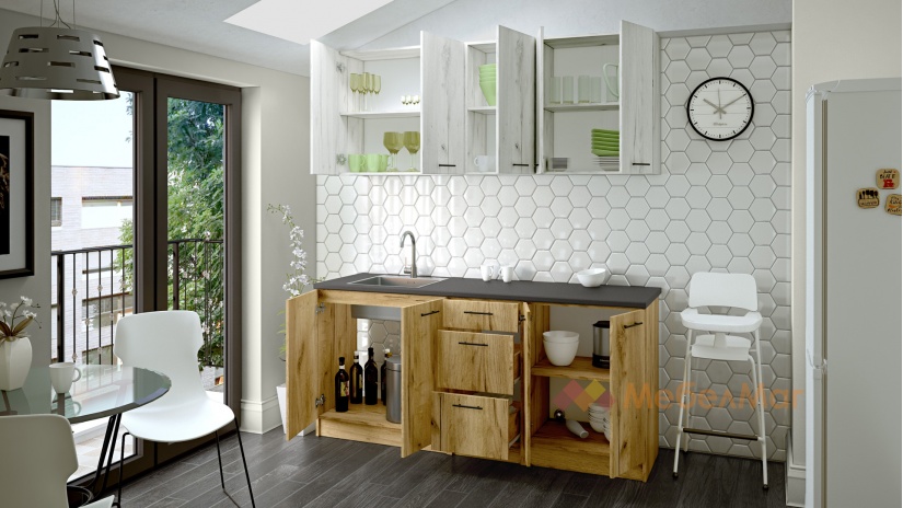 Кухня Никея 180 Н1 прави златен дъб с дъб крафт бял - изглед 2 - МебелМаг Кухня Никея 180 Н1 прави златен дъб с дъб крафт бял - изглед 2