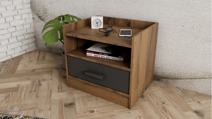 Нощен шкаф Димана дъб вотан с черно шагре - изглед 1 - МебелМаг Нощен шкаф Димана дъб вотан с черно шагре - изглед 1