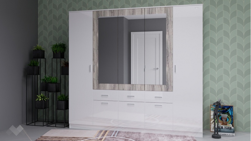 Гардероб Прайд петкрилни бял гланц с малта - изглед 1 - МебелМаг Гардероб Прайд петкрилни бял гланц с малта - изглед 1