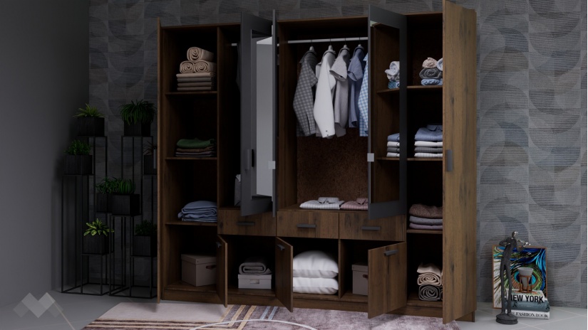 Гардероб Прайд петкрилни дъб вотан с черно шагре - изглед 2